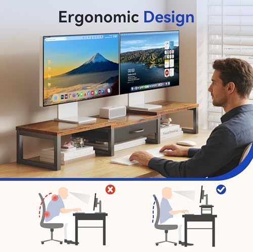 Desk Organizers and Accessories, Dual Monitor Stand Riser with Drawer, Computer Monitor Stand, Adjustable Desk Shelf for PC Laptop Printer TV, Brown
