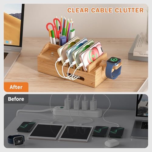 Bamboo Charging Station for Multiple Devices with USB Charger, 5 Cables