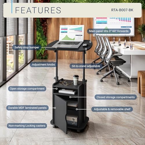 Techni Mobili Adjustable Laptop Cart w/Storage, Rolling Mobile Desk, Black