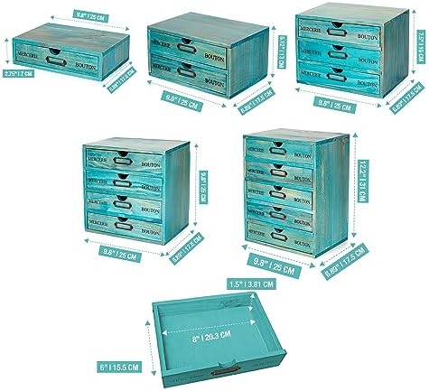 5-piece Full Matching Set Turquoise Wooden Cabinets,European Country Style Desk Organizer Boxes,Multi-level Teal Wooden Stackable Drawers,Countertop Organizer Drawers w/ Label Holder,Desktop Chests