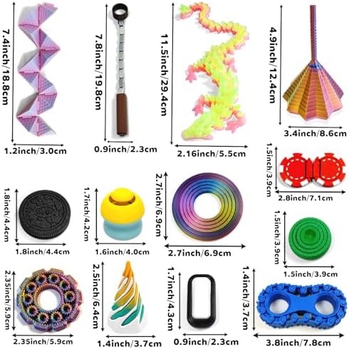 14-in-1 3D Printed Fidget Set for Adults - Sensory Anxiety Relief with Clicker, Articulated Dragon, Impossible Pyramid, Gyro Spinner, Poker Chips, Stress Relief Gifts for Men Women