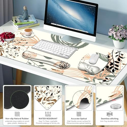Large Mouse Pad with Wrist Support 4 in1 Set, XXL Big Game Mousepad + Keyboard Wrist Rest+Mouse Wrist Rest+Coaster Ergonomic Gaming Mat for Home Office Table Computer I Modern Boho Leaves