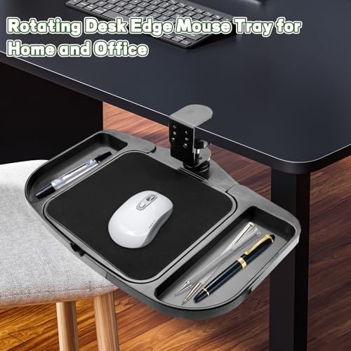 Clamp-on Mouse Tray Under Desk, Height Adjustable Under Desk 360° Rotating Tray Rest Extension Attachment, Clamp-on Mouse Pad Holder Platform with Storage Compartments (Black)