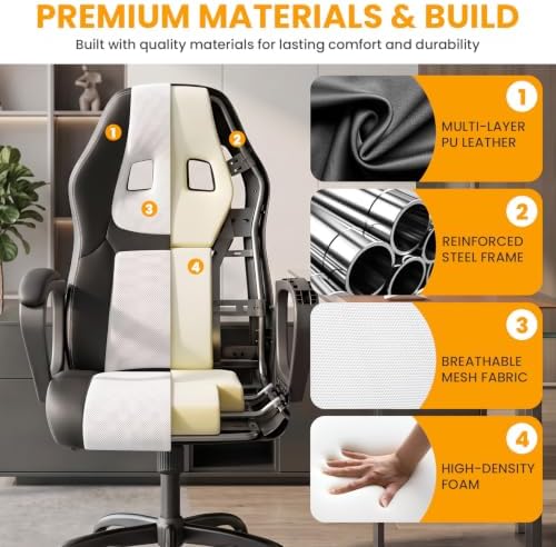 BestOffice Office Chair PC Gaming Chair Cheap Desk Chair Ergonomic PU Leather Executive Computer Chair Lumbar Support for Women, Men (White)