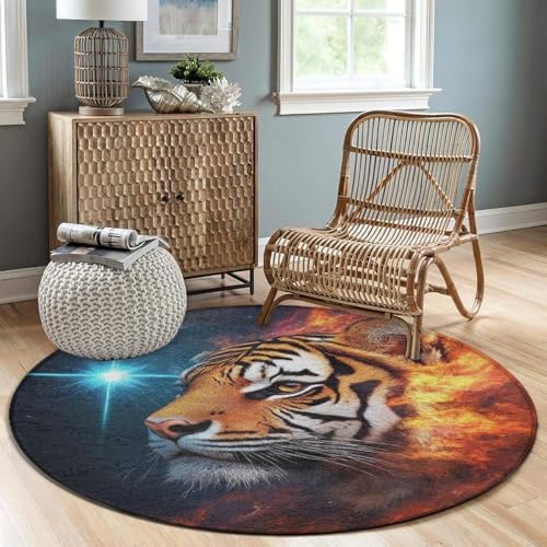 Room Sofa Yoga Soft Round Carpet, Home Decor Non Slip Kitchen Office Circle Rug, Machine Washable Modern Round Area Rug Space Fire Flame Animal King Wild Angry Tiger, 24inch