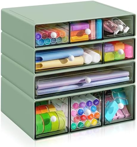Desk Organizer with 9 Drawers, 4 Tiers Stackable Storage Drawers, Desktop Storage Box with Clear Drawers for Stationery, Makeup, Jewelry, Office and Craft Supplies (Green)