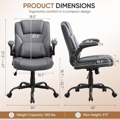 Home Leather Office Chair with Lumbar Support, 5" Padded Seat, Small Rocking Desk Chair, Comfy Computer Chairs with Rolling Wheels & Adjustable Arms for Adults, Grey