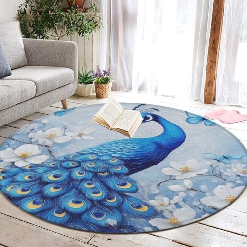Home Decor Non Slip Kitchen Office Circle Rug, Machine Washable Modern Round Area Rug, Room Sofa Yoga Soft Round Carpet Blue Peacock and White Flowers, 36inch