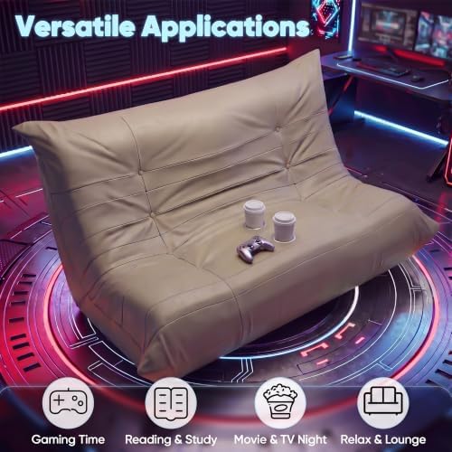 Homall Floor Gaming Chair Boneless Loveseat Couch, Ergonomic Floor Sofa Couch with Cup Holders, Leather Lazy Floor Lounger for Gaming, Reading, Relaxing, Watching TV (Khaki)