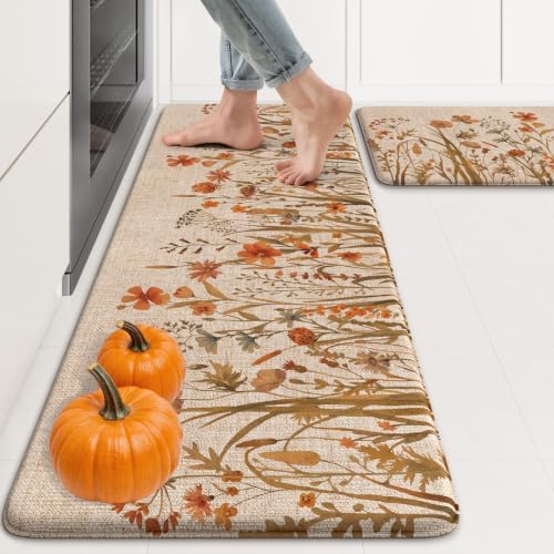 KIMODE Fall Kitchen Mats Cushioned Anti Fatigue, Orange Boho Farmhouse Rugs