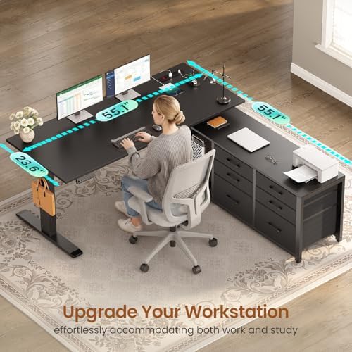 SEDETA L Shaped Electric Standing Desk with 6 Fabric Drawers, 55" x 55" Height Adjustable Office Executive Desk with Storage Shelves, Stand up Computer Desk with Power Outlet (Black)