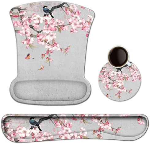 Ergonomic Keyboard Mouse Pad Set with Wrist Rest Support, Memory Foam Hand Rest Wrist Cushion Set for Laptop/Notebook/Desktop/Computer/Gaming/Office/Desk, Easy Typing & Pain Relief(Bird & Pink Flower)