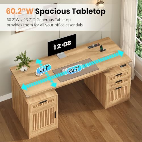 60" Fluted Electric Standing Desk with Drawers for Home Office, Oak