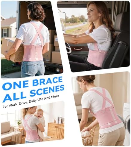 Work Back Brace for Men & Women, Adjustable Lower Back Support Belt for Sciatica, Herniated Disc, Pain Relief, Moving Construction Warehouse Heavy Lifting Safety & Protection (Pink, XX-Large)