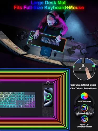 Mouse Pad with Wireless Charging, Large Desk Mat RGB Gaming Mousepad, 10 Light Colors LED Gaming Pad Keyboard Pad with Ultra-Smooth Surface & Non-Slip Rubber Base, Waterproof Full Desk Mouse Pad