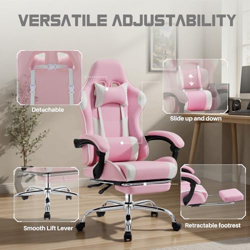 NEWBULIG Gaming Chair with Footrest – Ergonomic High-Back with Lumbar & Headrest Support, Comfy PU Leather Recliner with Linkage Armrests, Adjustable Height, 360° Swivel, Pink