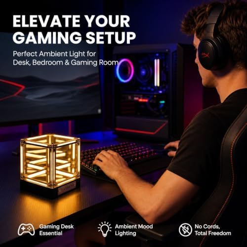 Infinity Tesseract Cube Light, USB-C Rechargeable Mood Lighting, Yellow