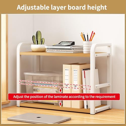 Office Desk Shelf Organizer, Wood Desktop Bookshelf Supplies Storage Rack, Shelf for Top of Desk and Dresser and Cubicle Decor Aesthetic Bookshelf (White White-Two Tier)
