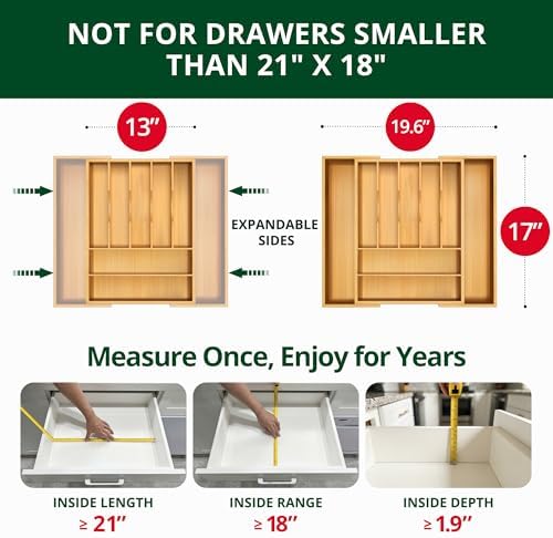 ROYAL CRAFT WOOD Luxury Bamboo Kitchen Drawer Organizer - Silverware Organizer, Utensil Holder & Cutlery Tray Drawer Dividers for Flatware (9 Slot, Natural)