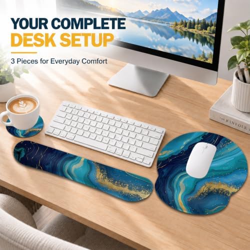 Blue Gold Marble Mouse Pad with Wrist Rest, Keyboard Support and Coaster