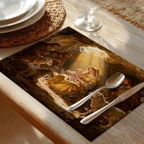Shrahala Beige Christmas Christ Set Of 4 12 X 18 Inch Linen Placemats , Blue Christian Christian Burlap Table Mat Washable Double Layered Heat Insulation For Indoor/Outdoor