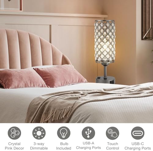 Hong-in Gray Crystal Lamp Touch Control Set of 2, Crystal Table Lamps with USB C+A Ports & AC Outlet, 3-Way Dimmable Nightstand Touch Lamp, Modern Bedside Table Lamp for Bedroom(Bulbs Included)