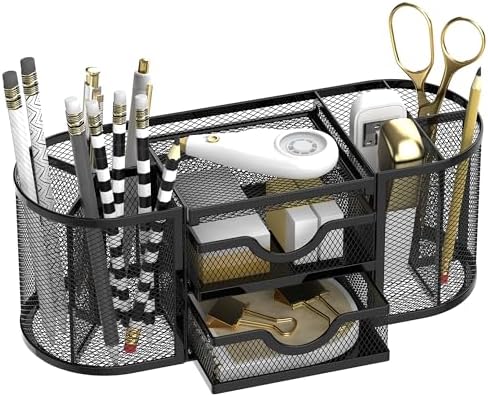 SUPEASY Mesh Desk Organizer, Pen Holder for Desk with 2 Drawers, Black