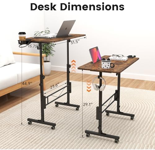 Hadulcet Small Standing Desk Adjustable Height, Rolling Desk for Standing or Sitting, Portable Computer Desk for Walking Pad, Rustic Brown