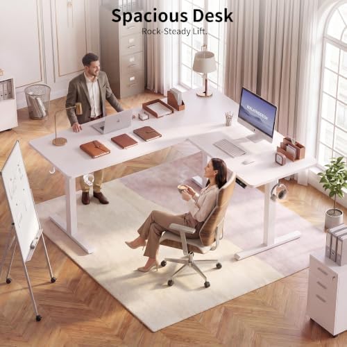 WALKINGDESK 63x55 Inches Reversible L Shaped Standing Desk, Height Adjustable With Cup Holder, Electric Corner Computer Workstation, Sit Stand up Home Office, Standing Desk with Cable Management White