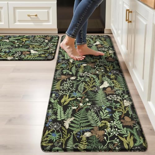 2PC Botanical Kitchen Rugs Set, Black Green, 17.3"x28" + 17.3"x59"