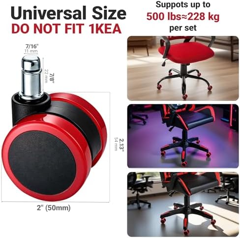 Red Office Chair Casters, 2" Heavy-Duty Chair Castors Replacement with Rubber Ring, Gaming Desk Chair Casters Wheels-Set of 5, Smooth Rolling for Hardwood Carpet Tile Floors, 11 * 22mm Universal fit