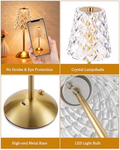 Nusogon Rechargeable Cordless Table Lamp, Gold Small Battery Powered Lamp