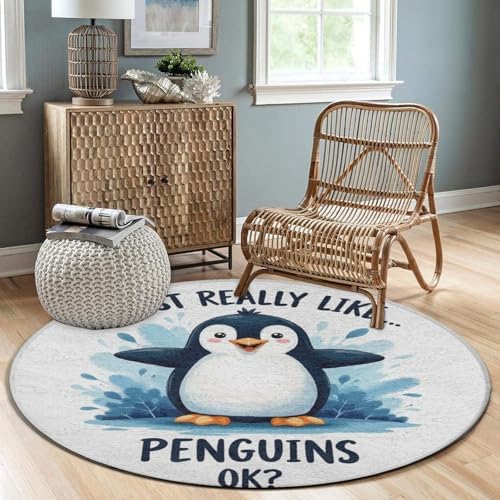 Soft Round Yoga Carpet, Office Chair Decor Round Mat for Carpet and Hardwood Floors Cute Penguin
