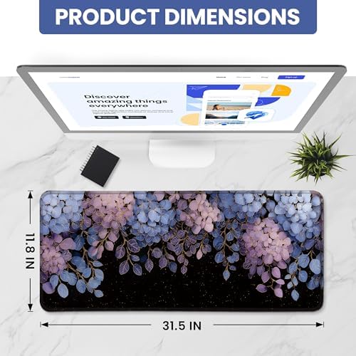 Aesthetic Desk Mat, Cute Midnight Hydrangea Desk Pad Protector for Work & Decor, 31.5" x 11.8", Pretty Non-Slip Extended Mouse Pad for Office or Home