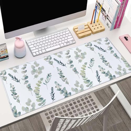 Gaming Large Mouse Pad with Stitched Edges, Watercolor Eucalyptus Branches Pattern Desk Mat, Extended Keyboard Pad, Non-Slip Rubber Base Desk Pad for Keyboard and Mouse, 31.5X11.8 inch