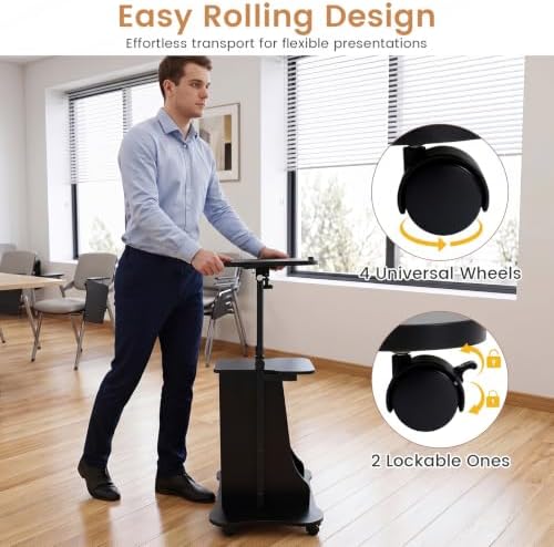 GIANTEX Mobile Podium Stand, Sit-to-Stand Laptop Cart (Black, 2 Pack)