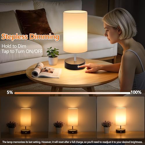 2-Pack Cordless Table Lamps, Black Rechargeable Bedside Lamps Dimmable, Portable 6000mAh Battery Operated LED Desk Lamps, Modern Touch Control Wireless Lamps, Small Lamps for Bedroom, White Shade