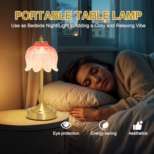 Cordless Table Lamp, Rechargeable Blush Pink Glass Lotus Flower Lamp