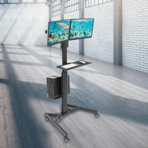 Mount-It! Dual Monitor Computer Cart – Mobile Standing Desk with Wheels, Rolling Workstation with Keyboard Tray, CPU Holder, and Adjustable Screen Mount for Office, Medical, or Warehouse