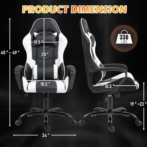 ECOTOUGE White Ergonomic Gaming Chair Massage Lumbar Rocking High Back