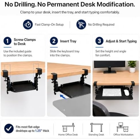 Uncaged Ergonomics Keyboard Tray Under Desk Slide Out Clamp On (Black)