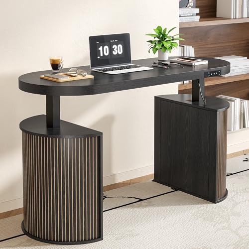 Mid Century Modern Electric Standing Desk with Storage, 55 x 22 Inch Small Sit Stand Up Desk, Wood Adjustable Height Computer Executive Desk for Home Office, Laptop, Black