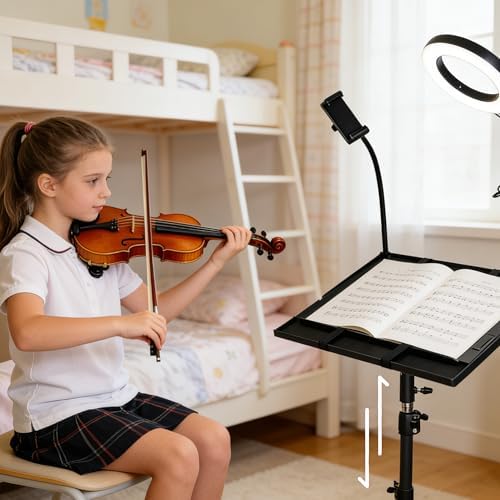 Rolling Laptop Tripod Stand with Wheels, Adjustable Height 29–55 Inch Projector Tripod Stand, Portable Laptop Floor Holder with 6" LED Ring Light and Phone Holder