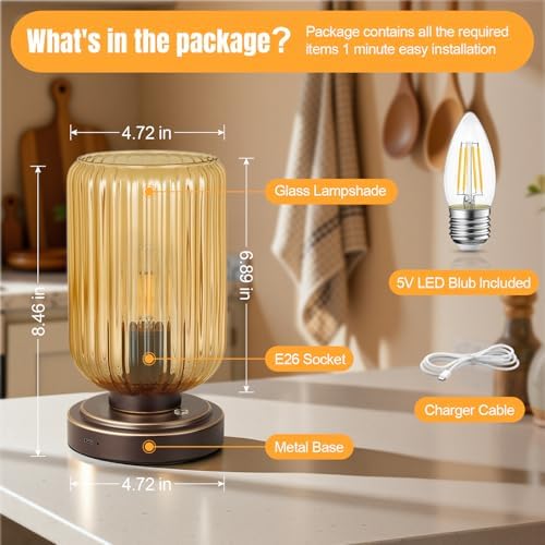 LightRound Cordless Table Lamp for Bedroom, Touch Stepless Dimmable Modern