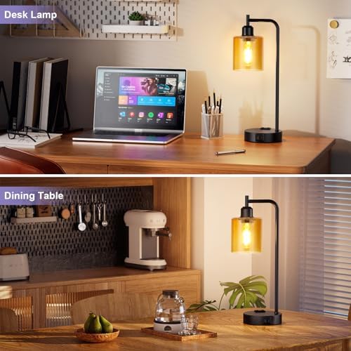 Industrial Touch Nightstand Lamps for Bedrooms Set of 2 - 3-Way Dimmable Table Lamps with USB C+A Ports and Outlet, Bedside Lamps with Amber Glass Shade for Living Room, Desk Lamps for Home Office