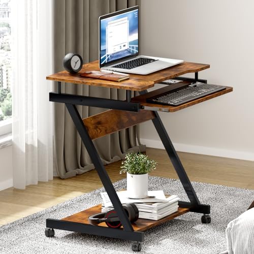 soges Movable Desk for Computer, Small Double-Layer Workstation, Computer Desk Cart, with Universal Lockable Wheels and Keyboard Tray, Vintage Brown
