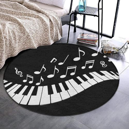Home Decor Non Slip Kitchen Office Circle Rug, Machine Washable Modern Round Area Rug, Room Sofa Yoga Soft Round Carpet Piano Keys with Musical Notes Black and White