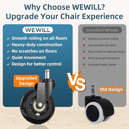 WEWILL Office Chair Wheels - Rubber Casters Replacement Universal Fit 98% Chair(Set of 5) Heavy Duty 3 Inch Smoothly & Quietly Safe for All Floor, Hardwood, Tile, Carpet, Noise Free - Black