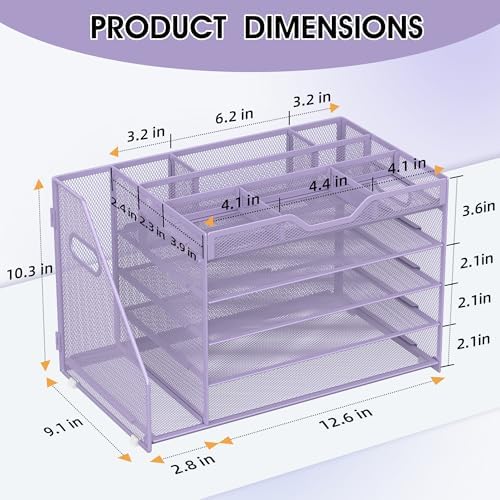 5 Tier Paper Letter Tray Desk Organizer with Pen Holders - Purple