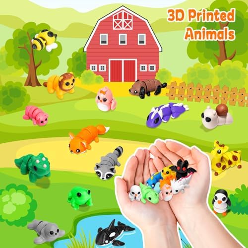 VZZNN 64pcs Mini 3D Printed Animals Bulk, 3D Printed Articulated Flexible Fidget Toy, Cute Little Animal Figurines Toy for Kids and Adults, Office, Desk, Party Favors, Decor